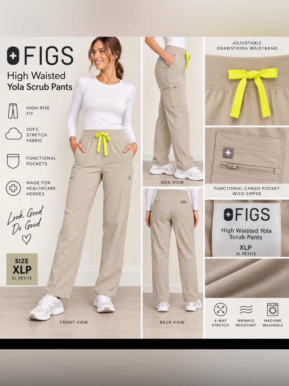 FIGS High Waisted Yola Scrub Pants XL Petite XLP Beige Neon Drawstring